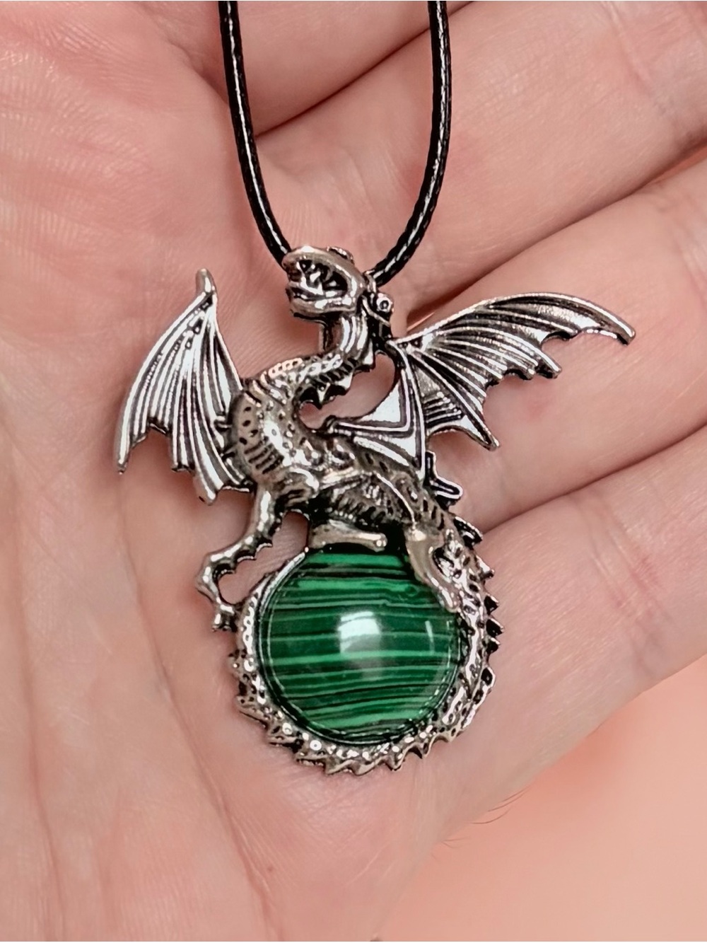 Silver Tone Dragon Necklace Green Striped Orb Gothic Fantasy Pendant (N26)
